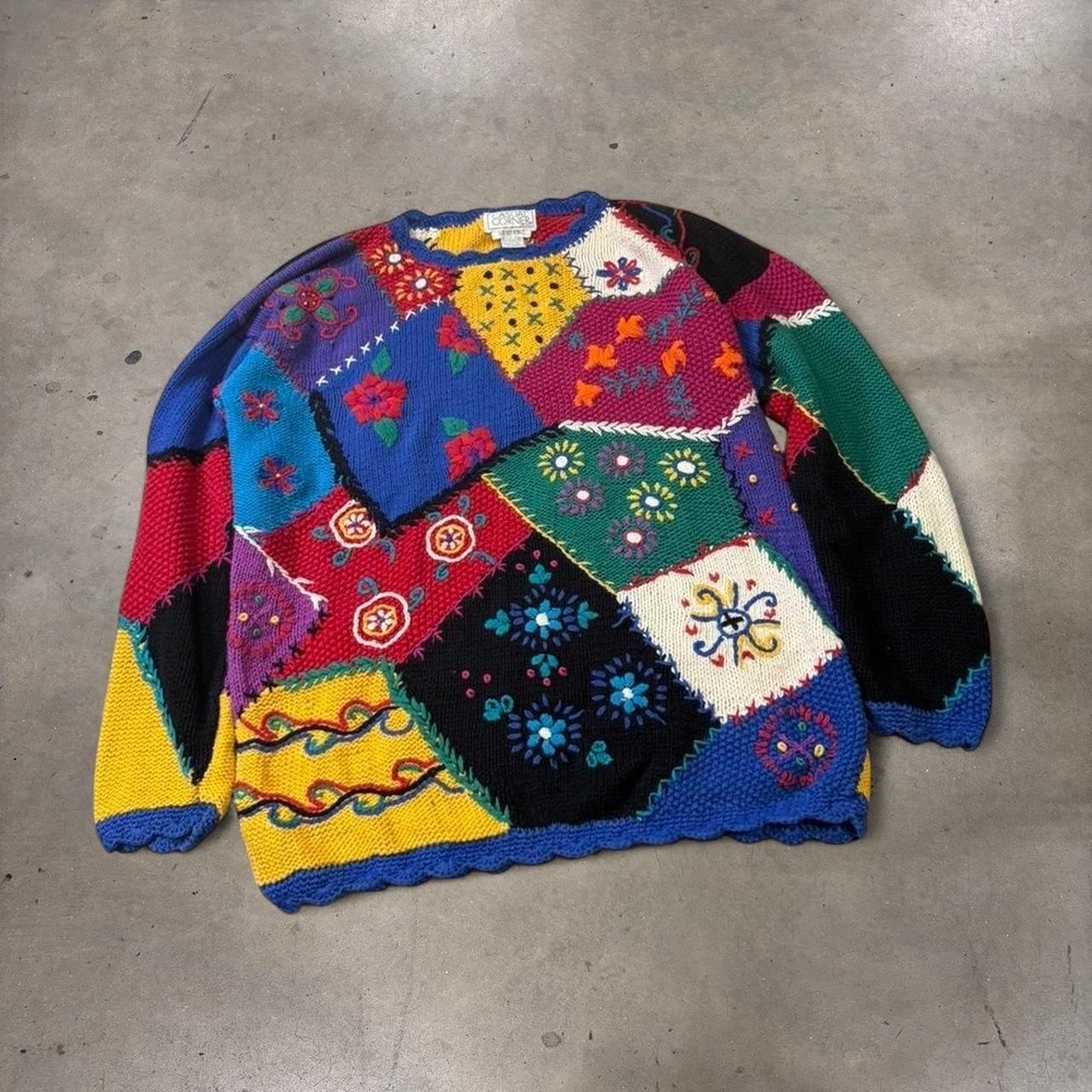 Vintage 90s Casual Corner Patchwork Floral Hand Knit Sweater Womens Medium Multi